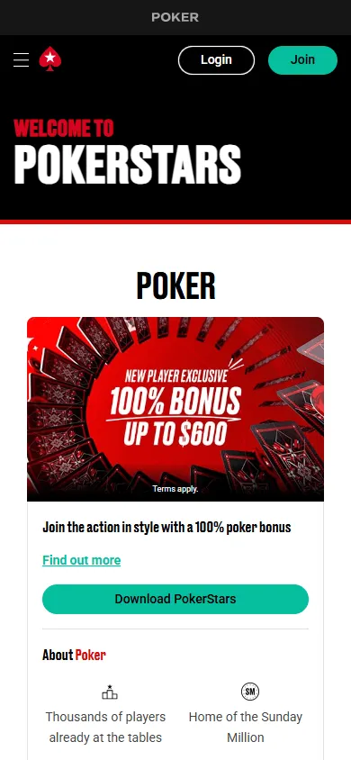 PokerStars Casino mobile home with access to casino and poker play
