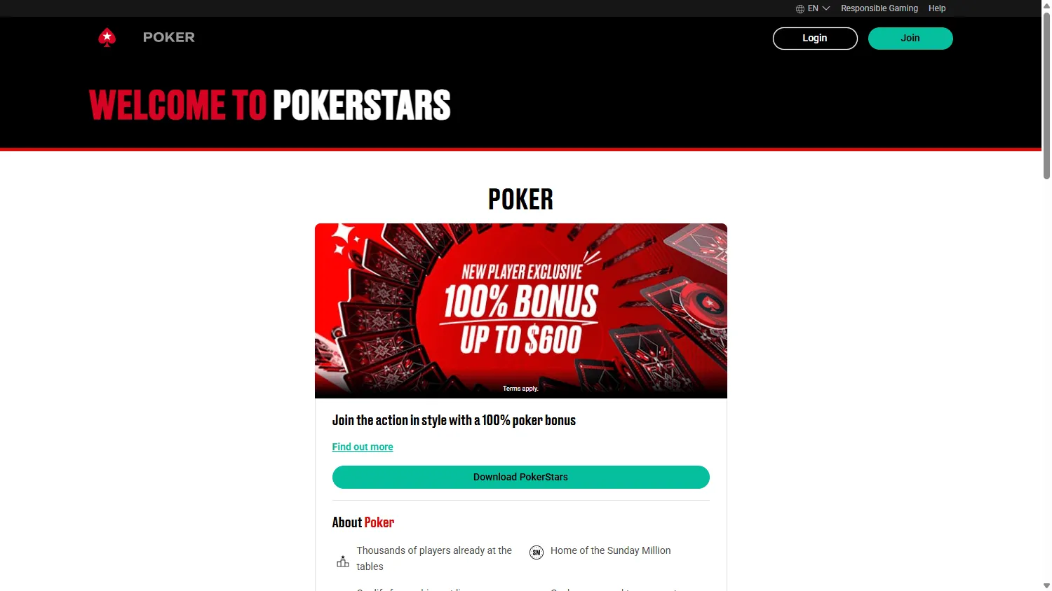 PokerStars Casino desktop home with casino and poker options