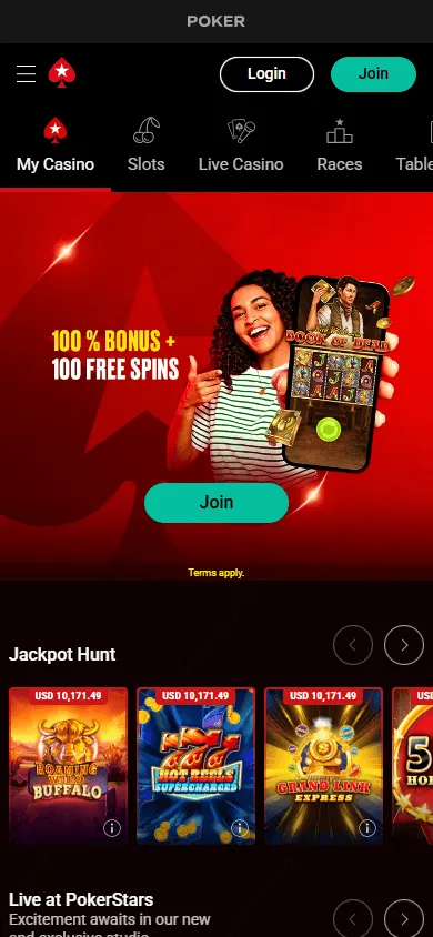 PokerStars Casino mobile games area with casino and poker formats