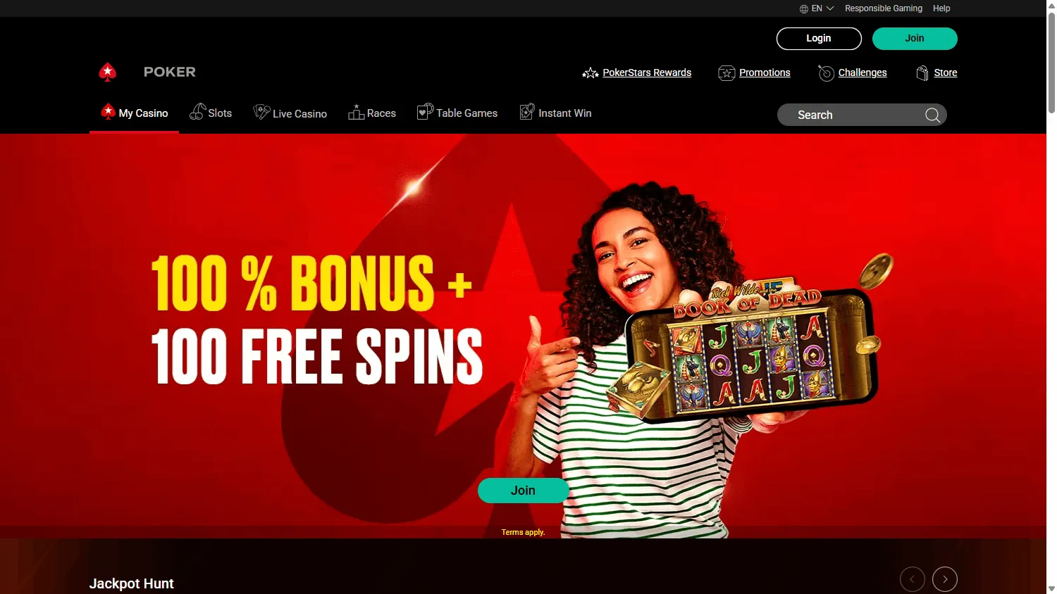 PokerStars Casino desktop games area with casino and live game choices